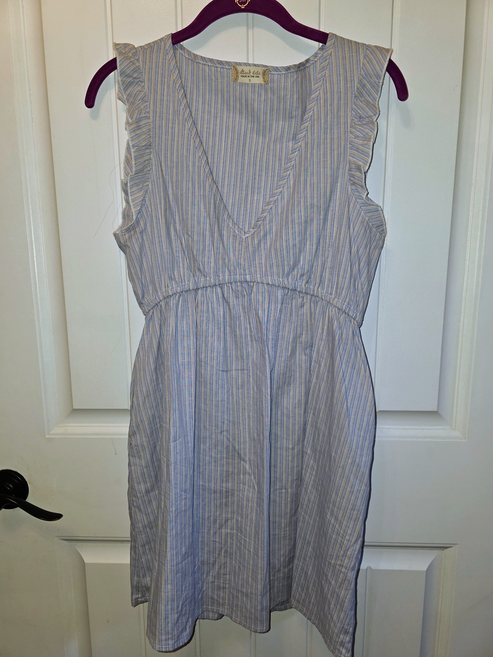 Altar'd State Light Blue and White Striped Ruffle-Sleeve V-Neck Midi Dress